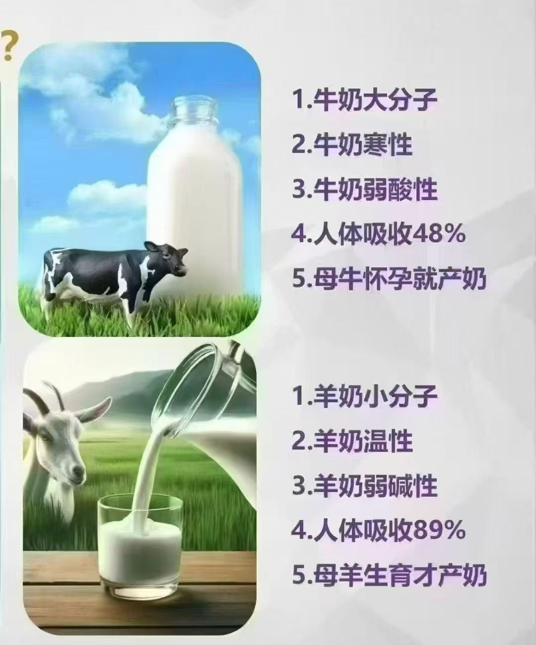 你家的孩子喝什么奶？ 牛奶，寒性，弱酸性，大分子 羊奶，温性，弱碱性，小分子 国策助推，普及全民喝羊 配图
