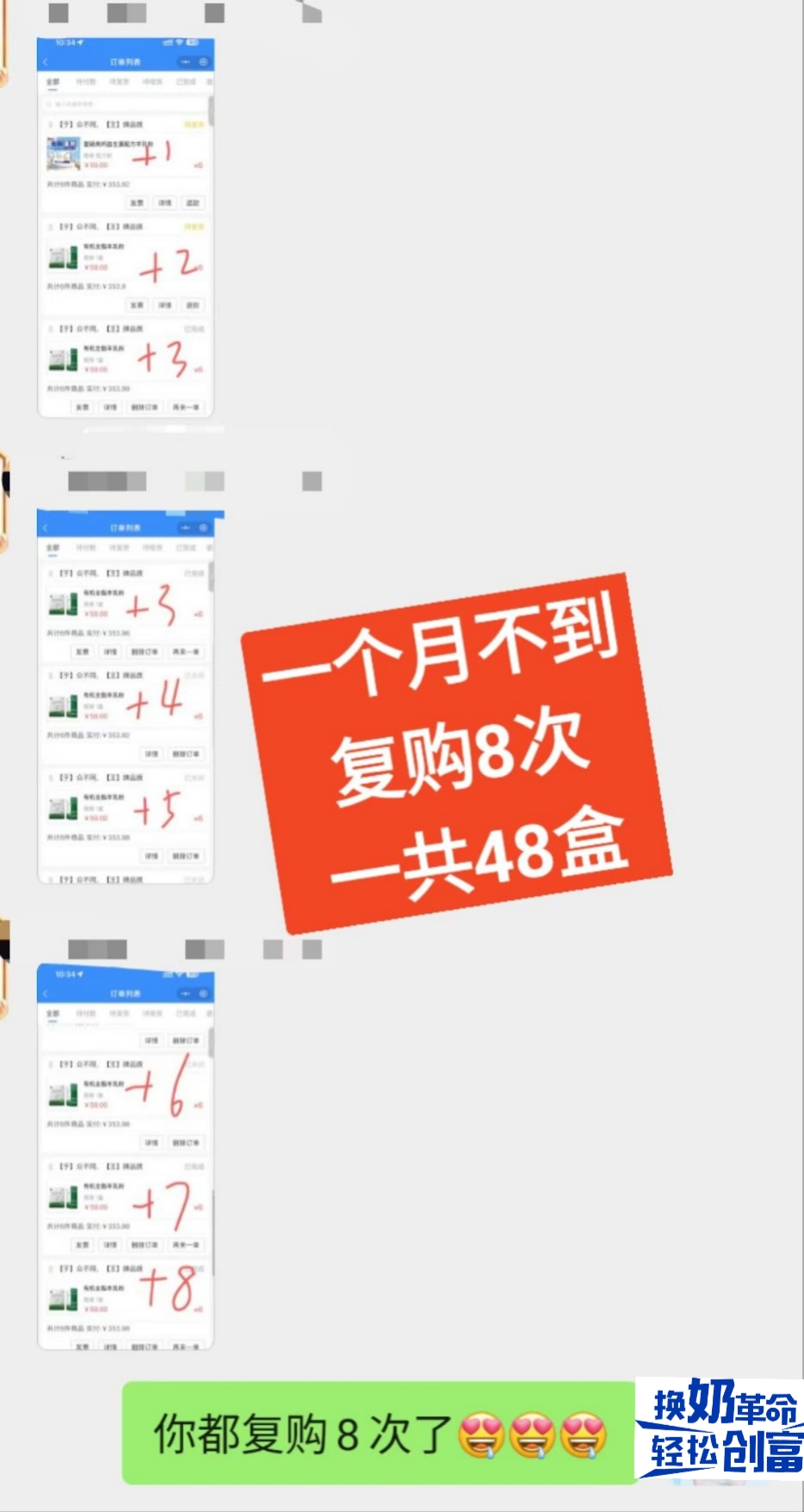什么叫「产品会说话」？晴晴妈用行动告诉我们！[恐惧] 不到一个月，复购8次，拿下48盒！ 这复购率， 配图