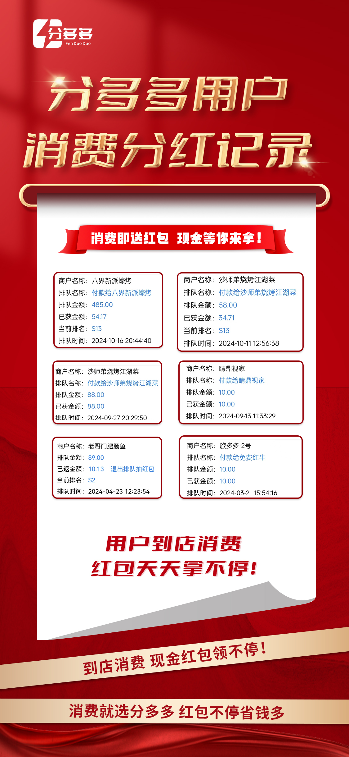 分多多平台发福利啦！ 🏤到分多多合作商户消费， 💰天天可领现金红包！ 消费越多，红包越多！ 快来领取 配图