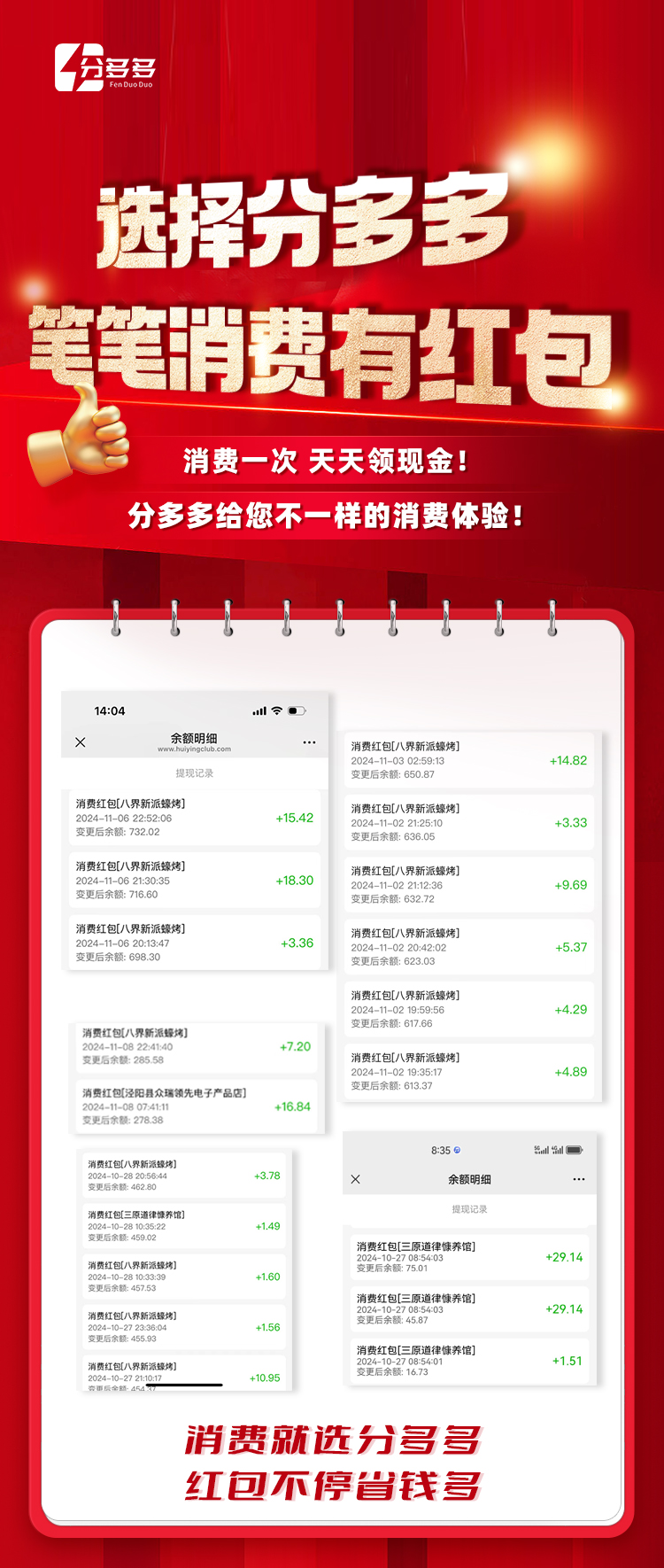 💰同样是花钱， 为什么TA能天天领现金？ 因为他选择了分多多！ 一次消费，天天有红包！ 让你领红包领 配图