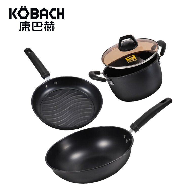 康巴赫精铁炒锅煎锅汤锅炒菜锅炖煮汤锅三件套家用轻量不粘锅锅具FXJT3A