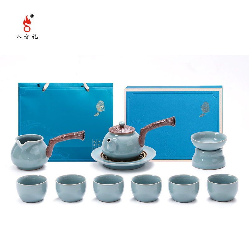 八方礼江山如画侧把官窑梅子青11入茶具中式茶壶茶杯礼盒办公泡茶送礼