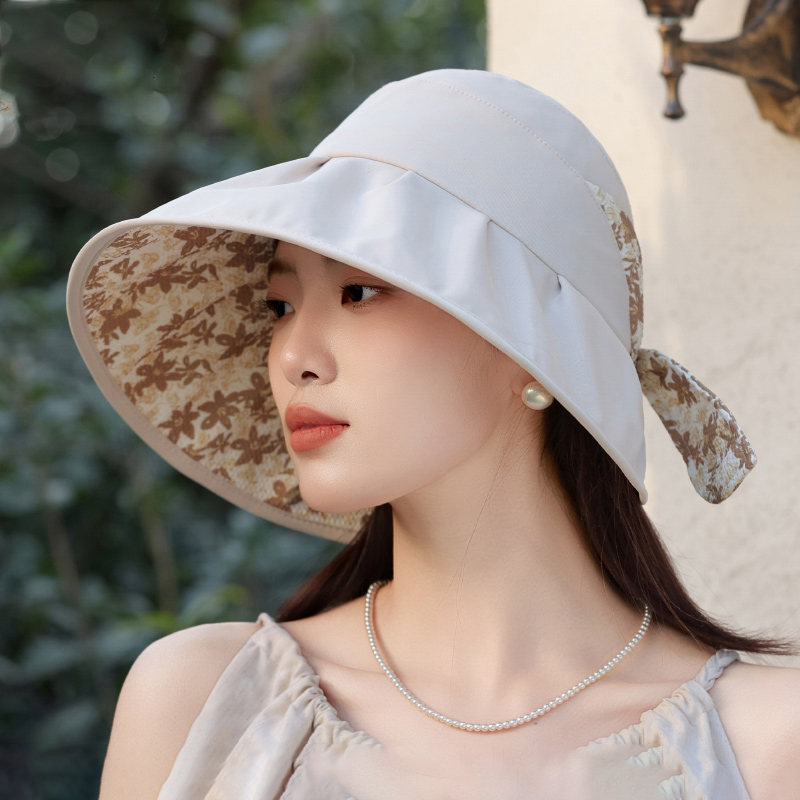 梓延严选 韩国春夏天新款碎花蝴蝶结大沿渔夫帽女优雅时尚防紫外线防晒帽子