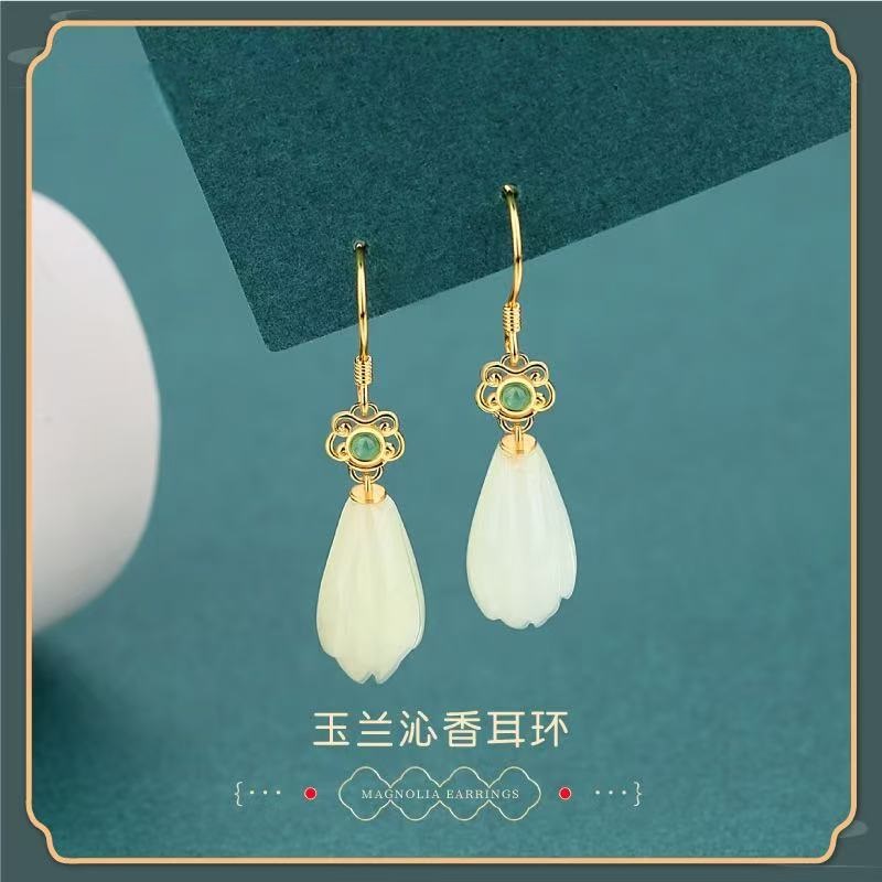 [琅耀]和田玉兰花耳坠LY019