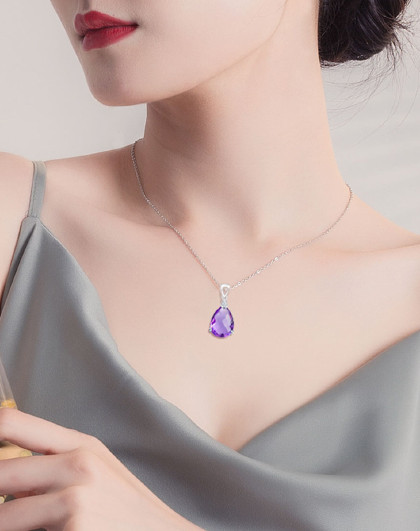 项链女S925银时尚简约轻奢天然紫水晶吊坠女士节日礼物