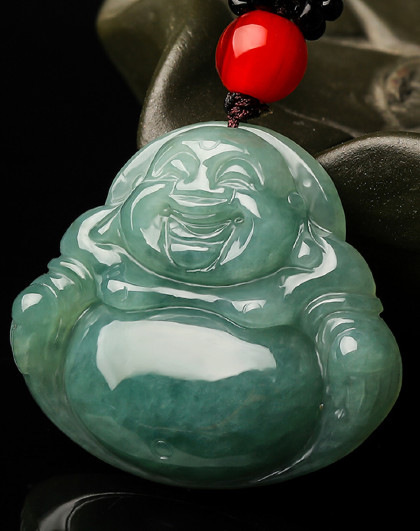油青种冰糯水润正装笑佛天然A货翡翠吊坠