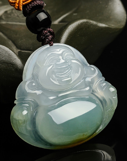 冰糯水润油青底飘黄翡笑佛翡翠吊坠/玉吊坠