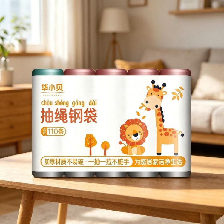华小贝加厚耐穿刺钢袋抽绳垃圾袋手提式家用加厚厨房办公室宿舍商用一次性塑料袋