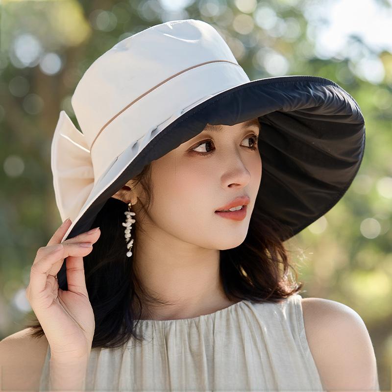 赫本风蝴蝶结大沿防晒帽子女春夏季新款户外遮阳帽显脸小UV渔夫帽