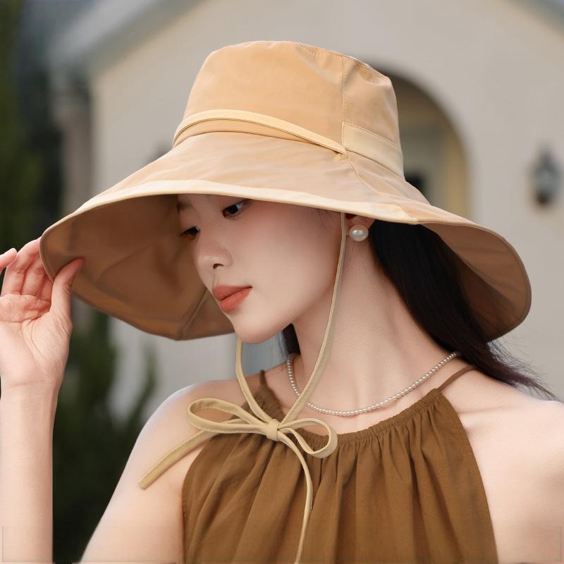夏季新款加大沿可折叠绑带渔夫帽女士跨境亚马逊户外防晒太阳帽子