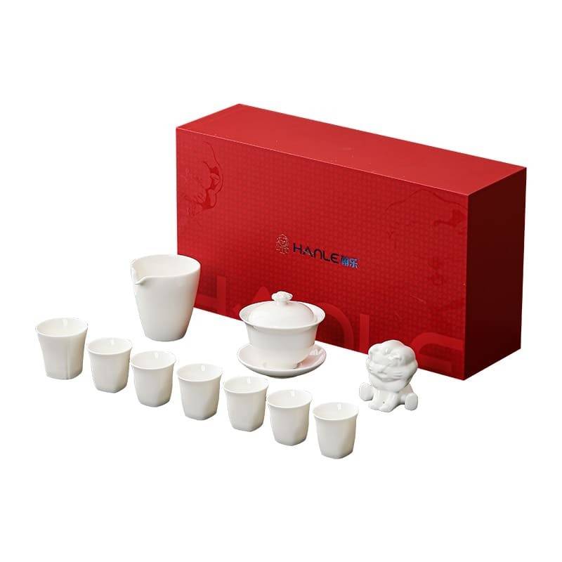 翰乐·狮来运转茶具国潮醒狮羊脂玉茶具10件套HL-SLYZ27