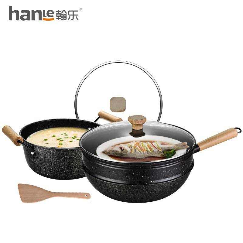 翰乐麦饭石不粘炒锅+汤锅+蒸笼套装 送铲子电磁炉煤气灶通用 HL-T02美味甄品32cm