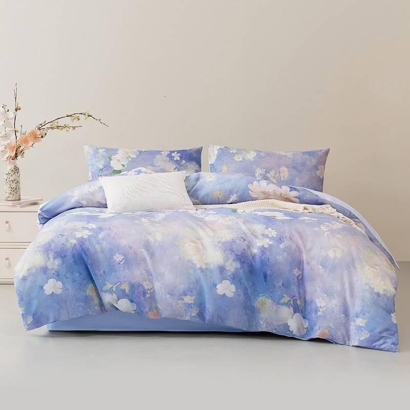 水星家纺 紫韵花影茶氨酸全棉抗菌四件套A类 1.5米床（被套:200cm×230cm）