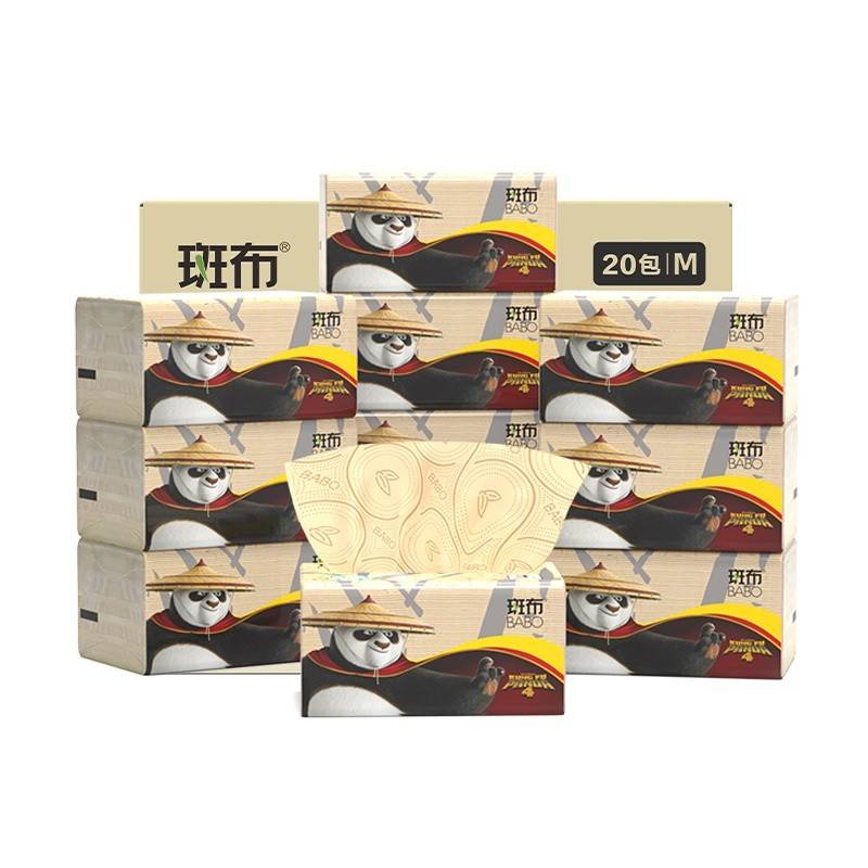 斑布(BABO)6D压花功夫熊猫系列柔软抽纸 原生竹浆本色M码 100抽20包 箱装