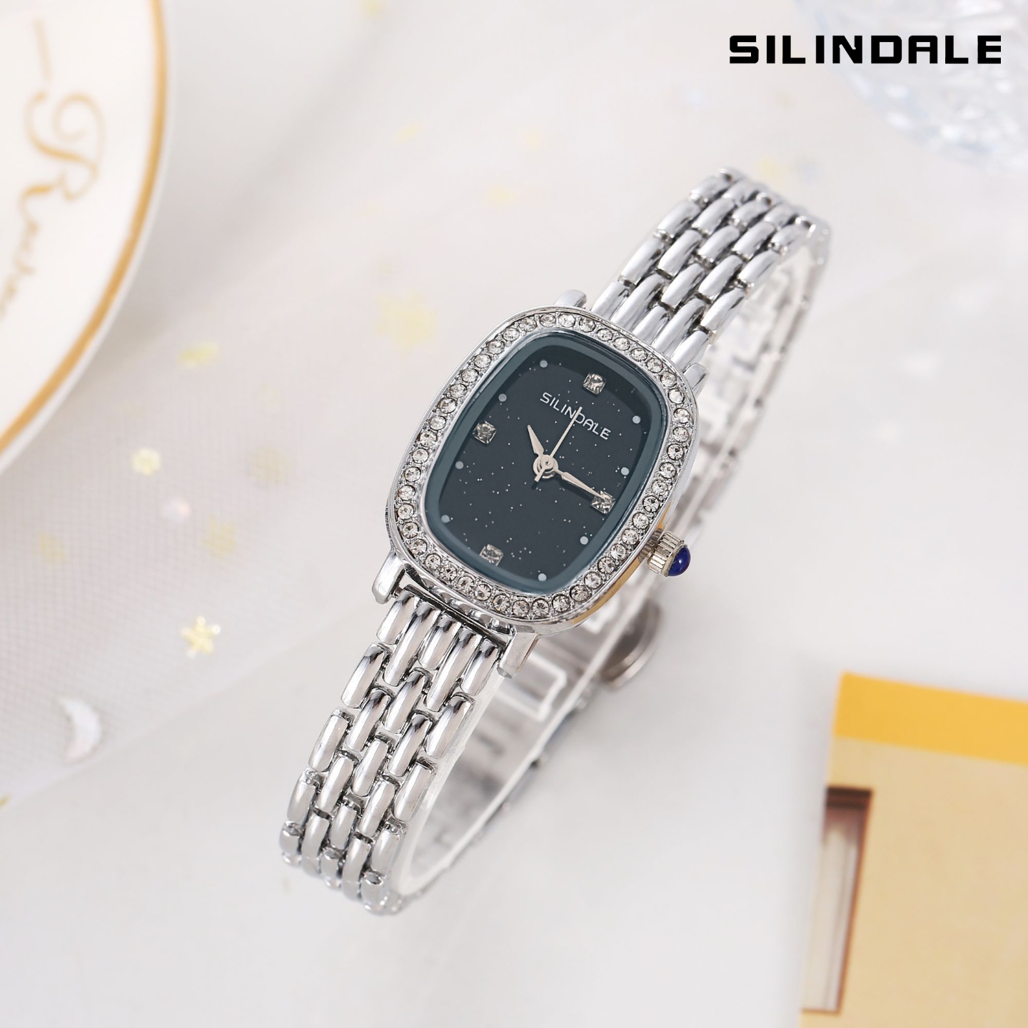 SILINDALE赛琳黛尔星夜流光钢带女腕表蓝玛瑙表盘星夜点点静谧浪漫