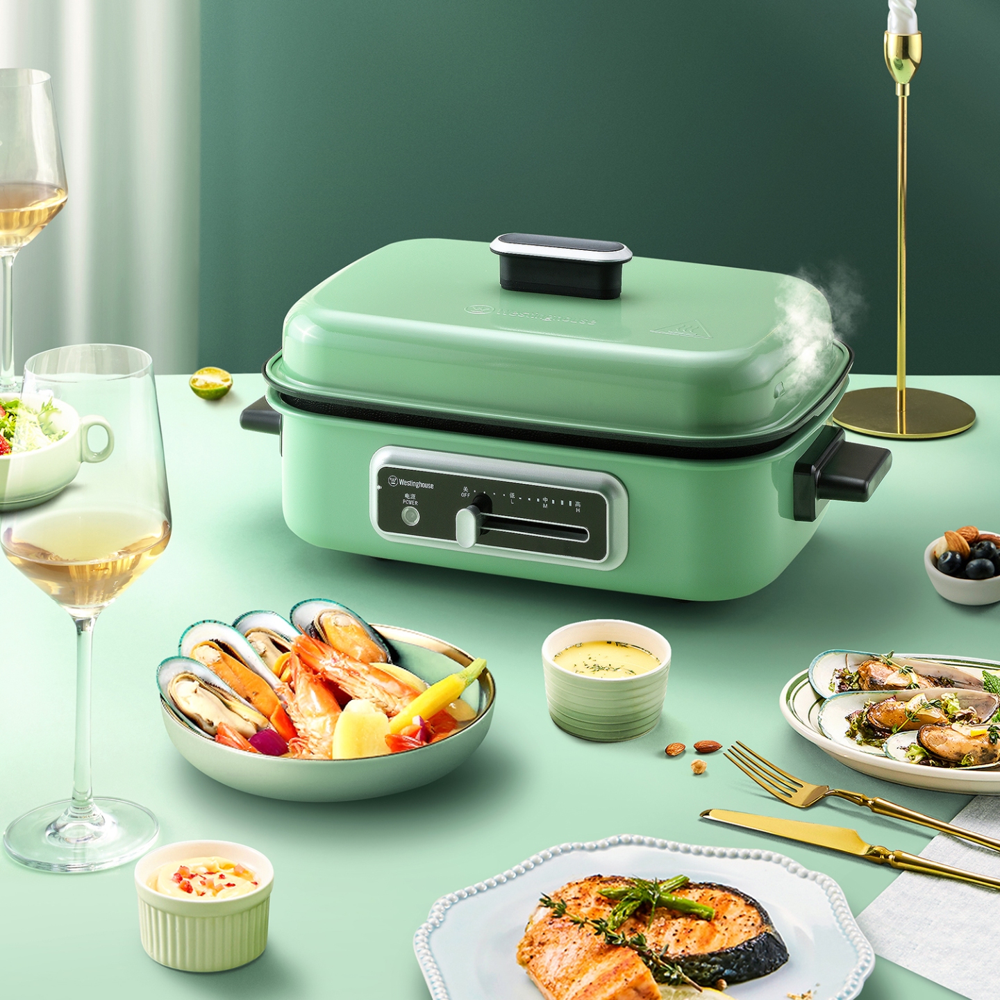 西屋（Westinghouse）多功能锅4.5L家用多功能烹饪锅电火锅WSC-1688一体锅 复古绿 4.5