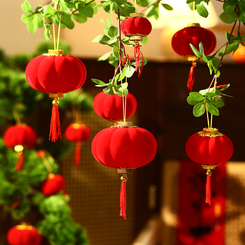 2026新年过年春节小红灯笼挂饰植绒盆景树上家用乔迁之喜装饰用品
