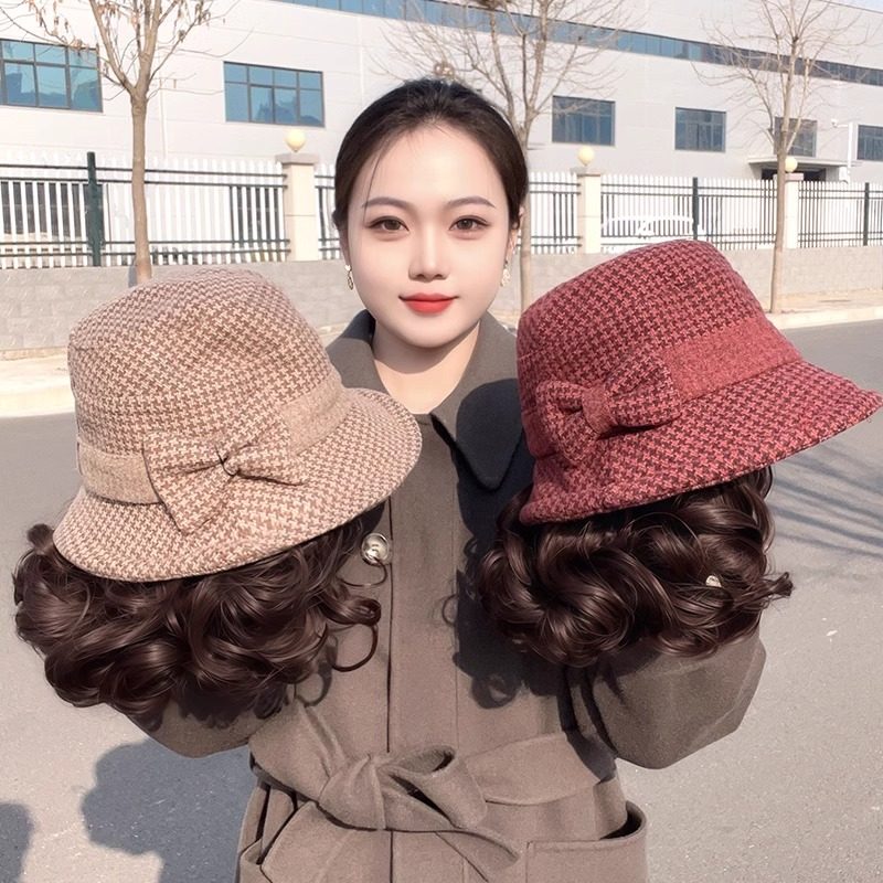 假发渔夫帽女秋冬季中老年短卷发洋气时尚保暖礼帽全头套帽子假发