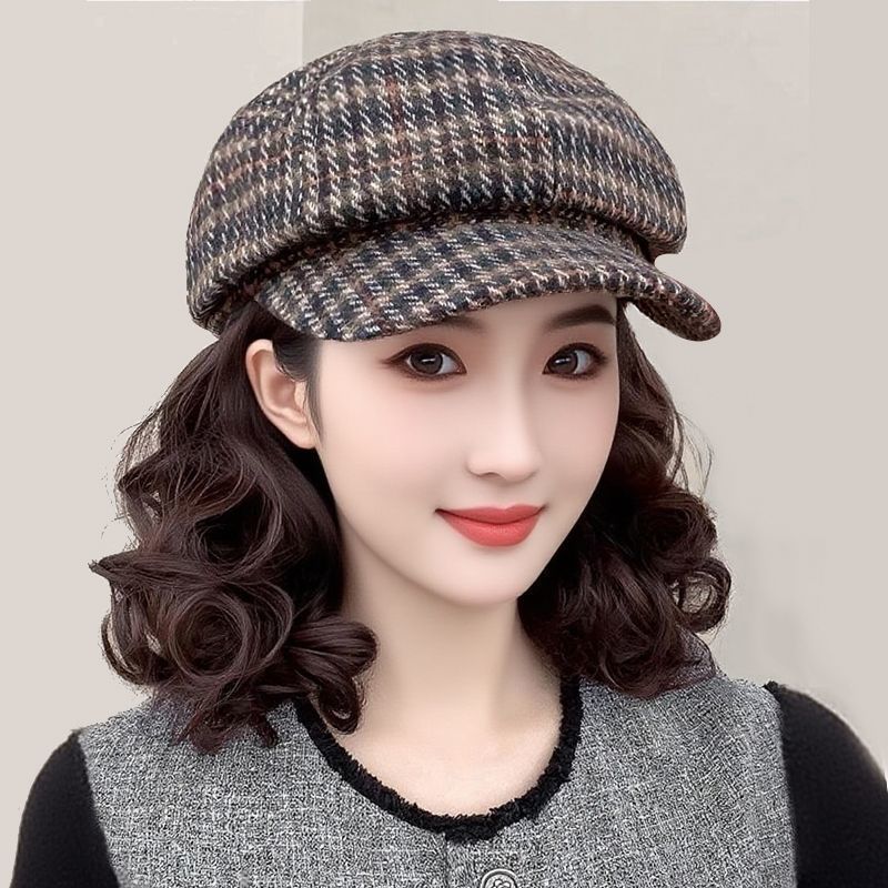 帽子假发一体女复古千鸟格八角帽短卷发百搭鸭舌帽假发一体全头套
