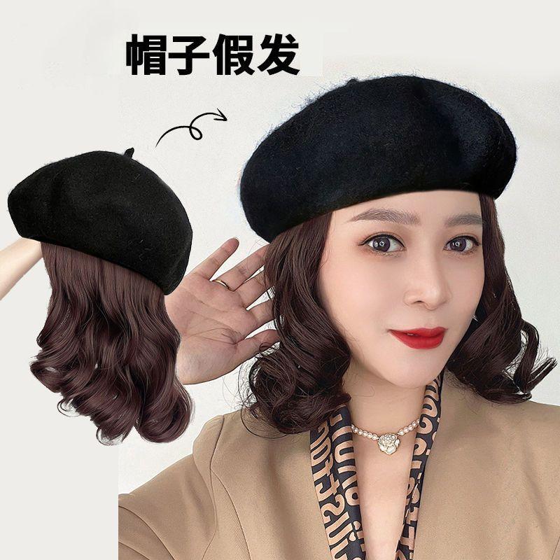 假发帽子一体女秋冬新款梨花卷妈妈帽子时尚洋气贝雷帽短发全头套
