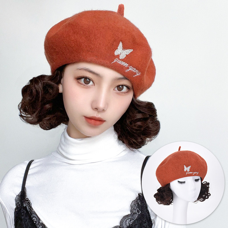 帽子假发一体女秋冬时尚刺绣贝雷帽短卷发时尚保暖慵懒风假发帽
