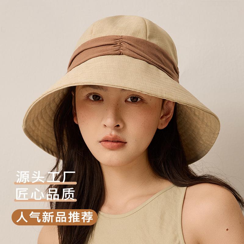 棉麻轻薄透气渔夫帽韩国女夏季新款拼色褶皱遮阳帽大头适合大沿帽