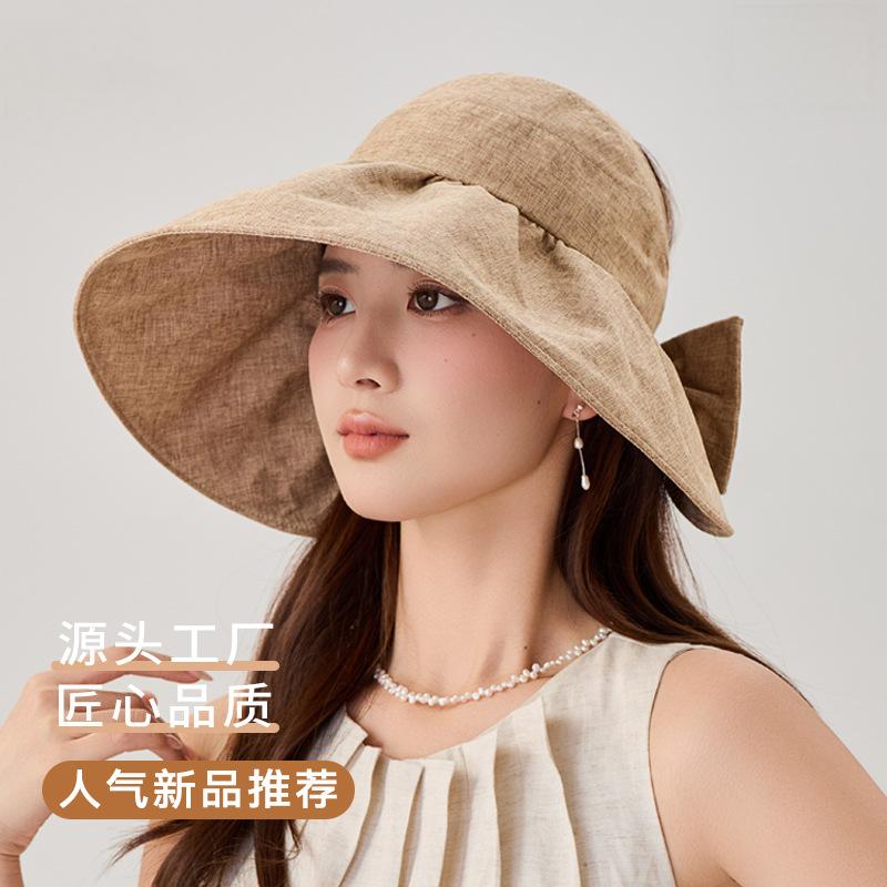 棉麻日系大沿空顶帽女夏季新款可折叠纯色太阳帽女韩国防晒遮阳帽