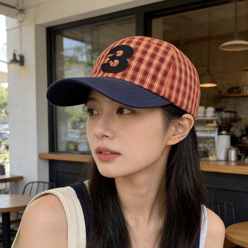 帽子女韩系格纹拼色鸭舌帽子百搭宽檐显脸小刺绣棒球帽情侣遮阳帽