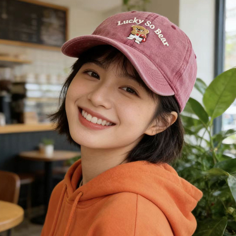 美式复古水洗做旧小熊棒球帽女夏显脸小大头围帽子百搭防晒鸭舌帽