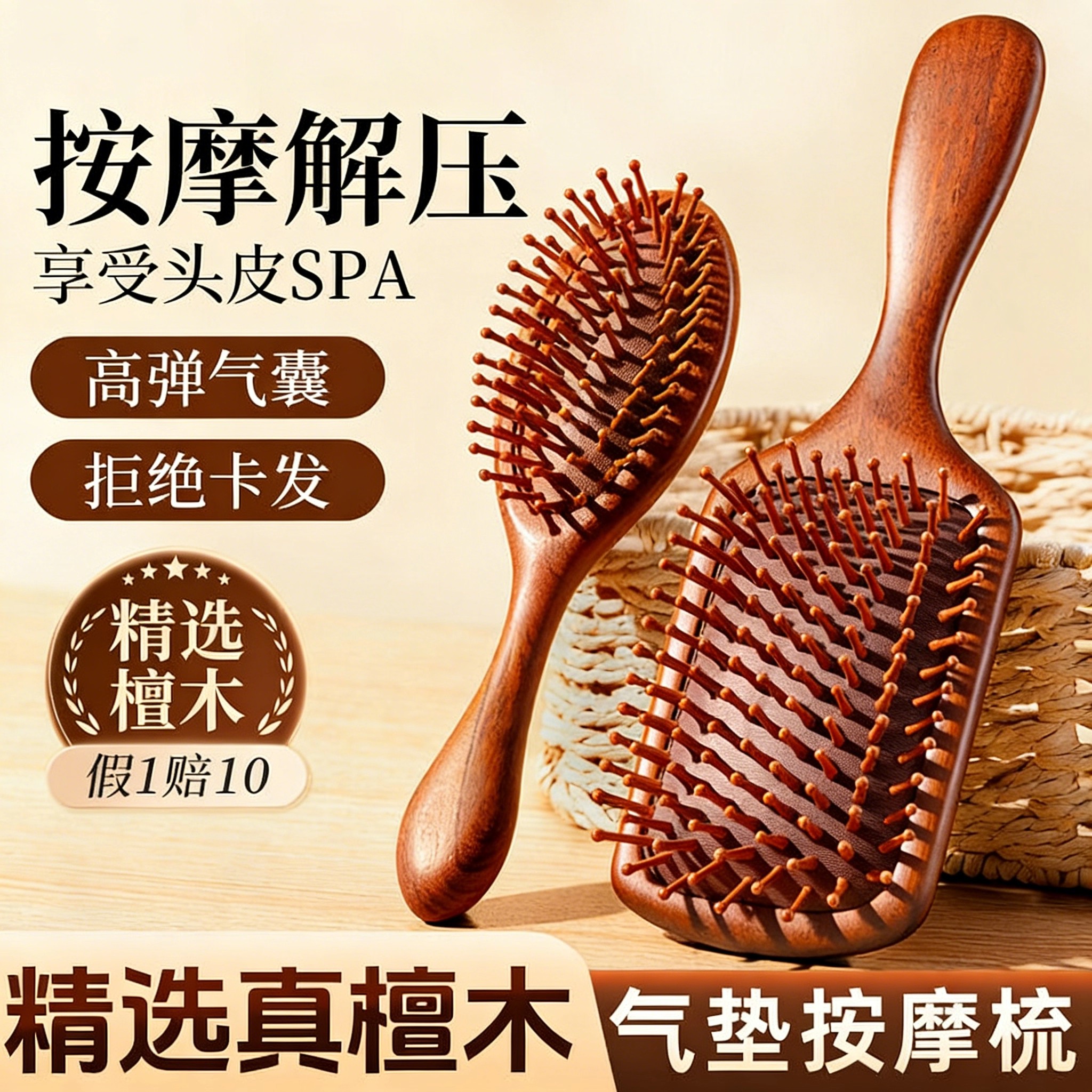 檀木气垫梳女士家用顺发头部头皮经络按摩梳毛囊便携气囊疏通梳子