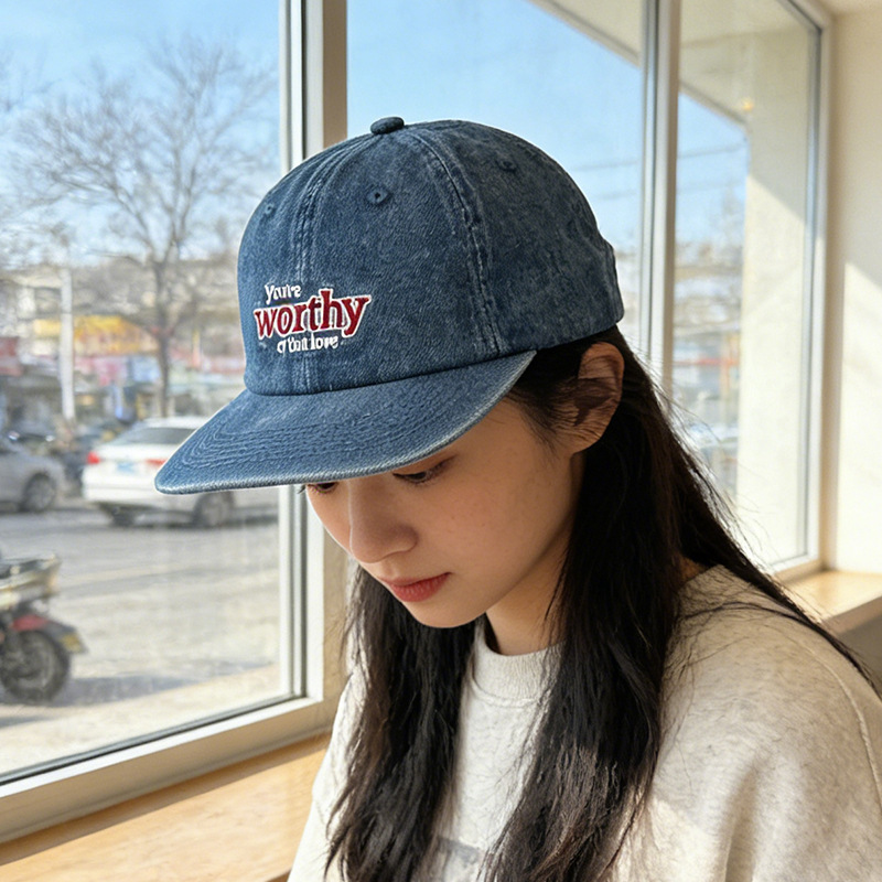 新款水洗牛仔做旧平檐鸭舌帽子女春季街头潮牌字母嘻哈棒球帽