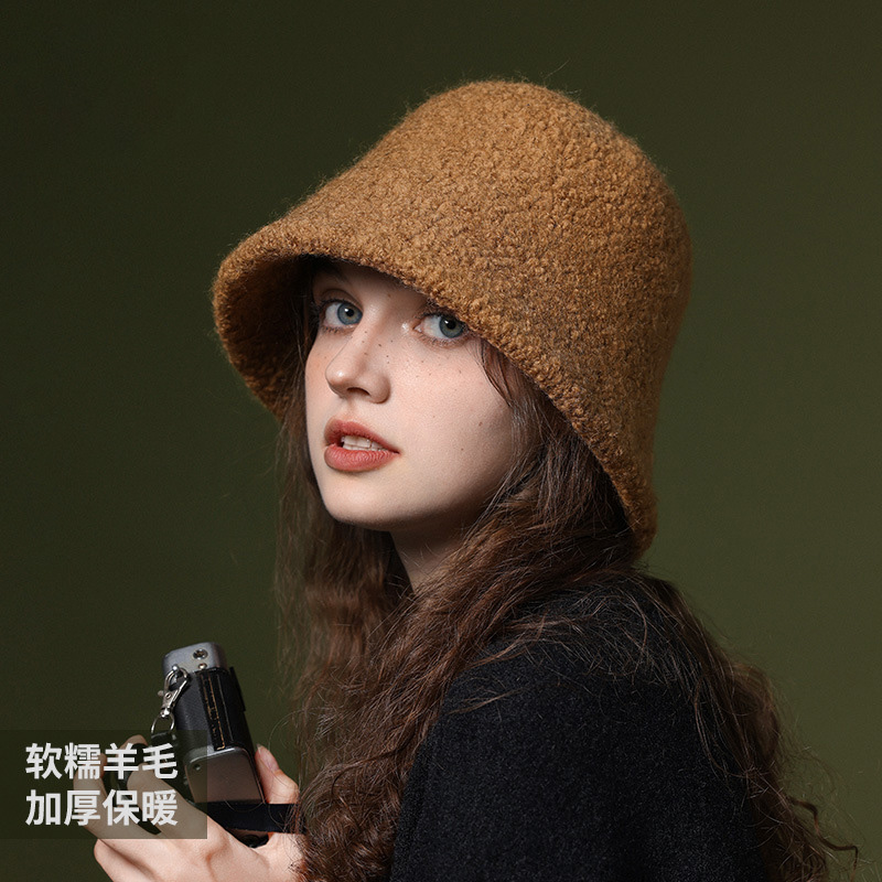 秋冬季渔夫帽子女防风保暖羊绒盆帽纯色显瘦百搭韩版水桶帽DMZ100