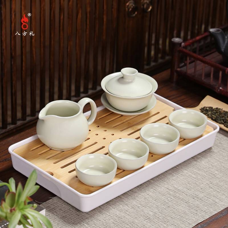 八方礼粉青盖碗7入茶盘套装