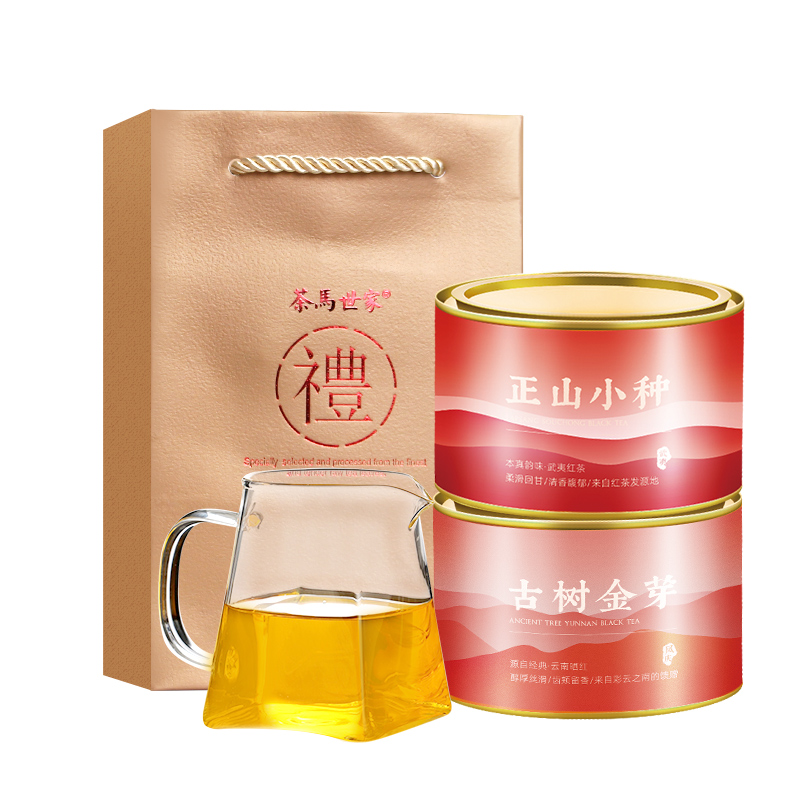 【茶马世家滇闽标杆红茶组合】云南特级晒红古树金芽滇红茶罐装50g+特级正山小种罐装50g+公道杯*1