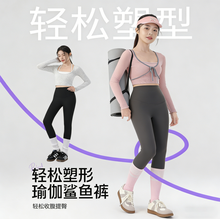 植轻护女士塑形瑜伽裤鲨鱼裤运动健身贴身紧身提臀收腹健美裤DSZX61404