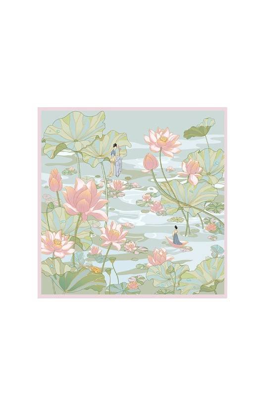 京四界·荷塘有花100%桑蚕丝丝巾	JSJ-860031 浪花绿