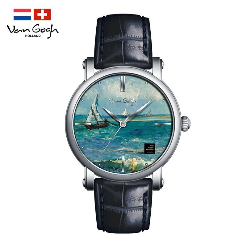 梵高（VanGogh）瑞士手表男 3D油画表面牛皮表带 海景