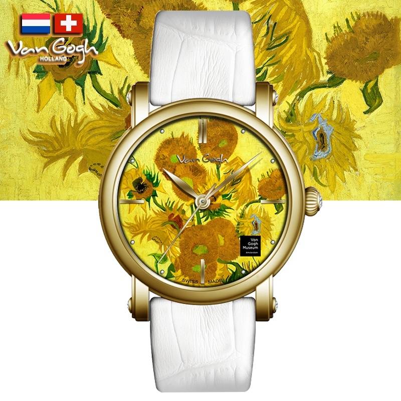梵高（VanGogh）瑞士女士石英手表 3D打印油画表面牛皮表带 向日葵