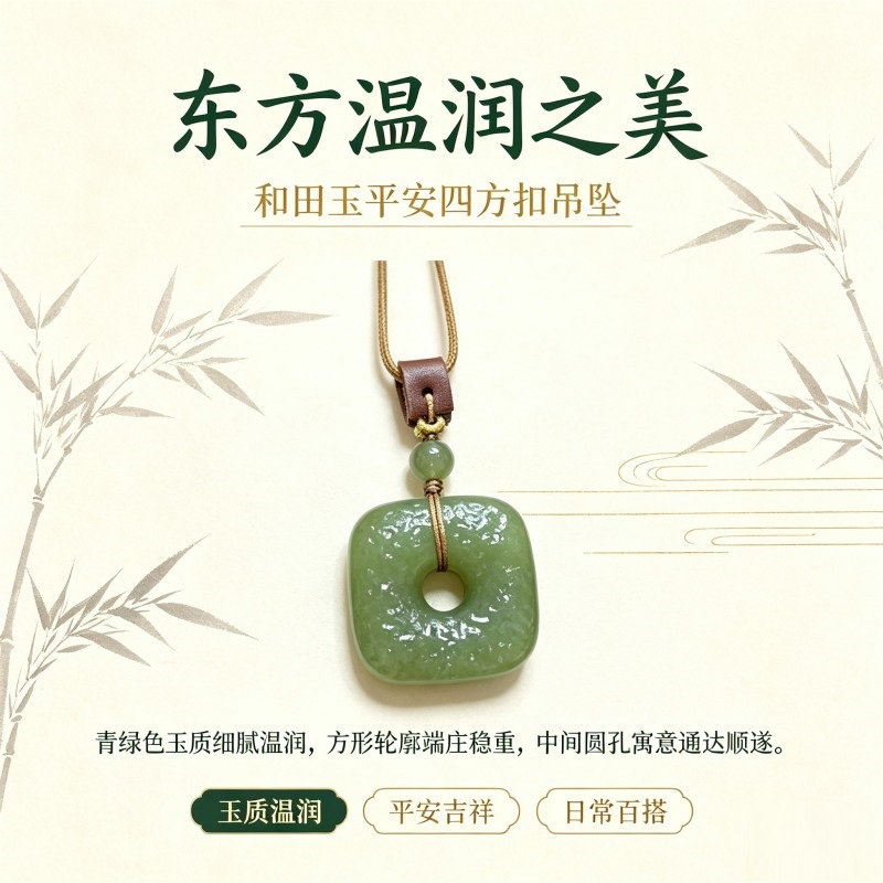 [琅耀]和田玉平安四方扣吊坠LY071
