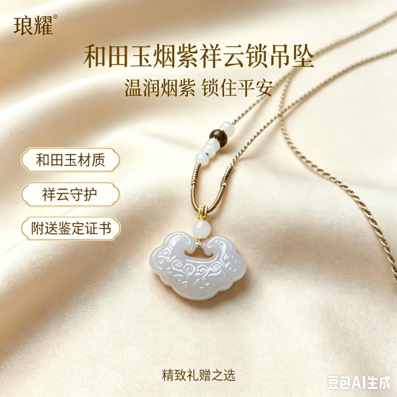 [琅耀]和田玉烟紫祥云锁吊坠LY073