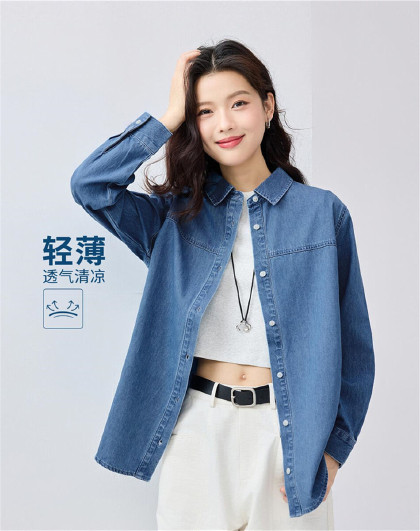 港风复古牛仔女式衬衫简约百搭纯棉薄衬衫外套破骨宽松长袖衬衫女