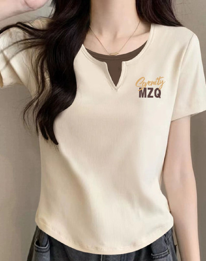 夏大码MM假两件设计感时尚创意印花圆领T恤短袖