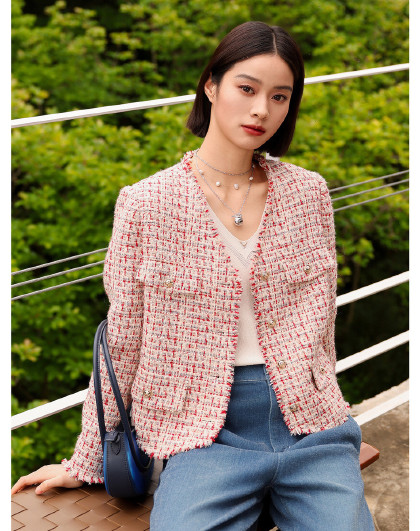 商场同款JZ玖姿香风花呢V领气质外套女装秋季JWEQ40522
