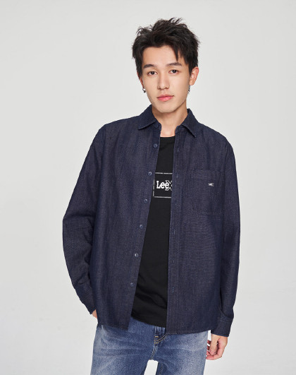 Lee25春季标准版翻领小Logo男长袖牛仔衬衫休闲