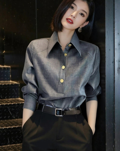 春季气质百搭时尚简约职业装衬衫女高级感老钱风翻领长袖上衣