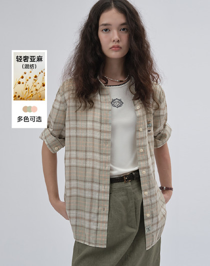 【天丝+亚麻】小熊女装衬衫夏舒适休闲活力格纹衬衣