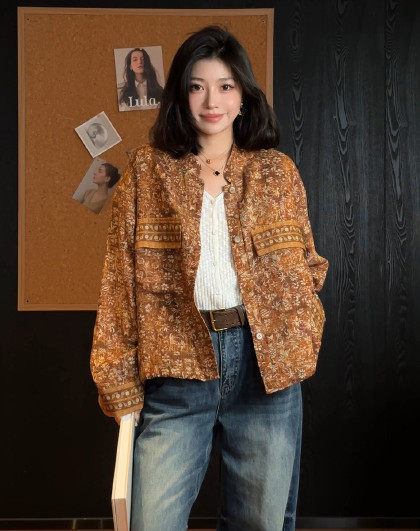 【呼伦贝尔】亚麻/混纺复古佩斯利印花显瘦时尚百搭外套女春秋