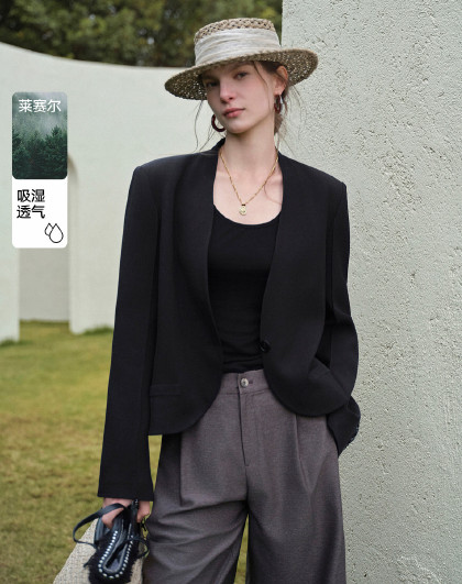 天丝含亚麻高质感西服2026年春季新款摩登通勤风短西装外套