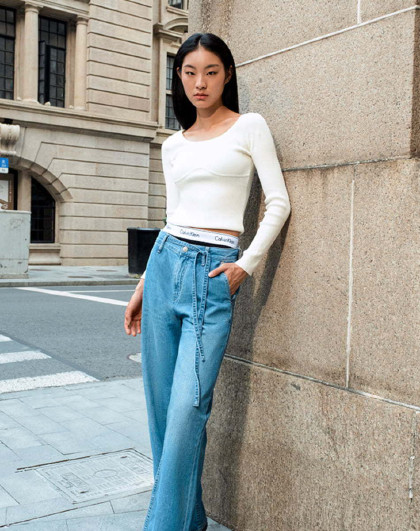 【改衣补贴】CK Jeans四季款女棉美式复古系带高腰阔腿牛仔裤