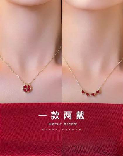 一款两戴爱心幸运草项链女轻奢高级感2026本命红色锁骨链颈链